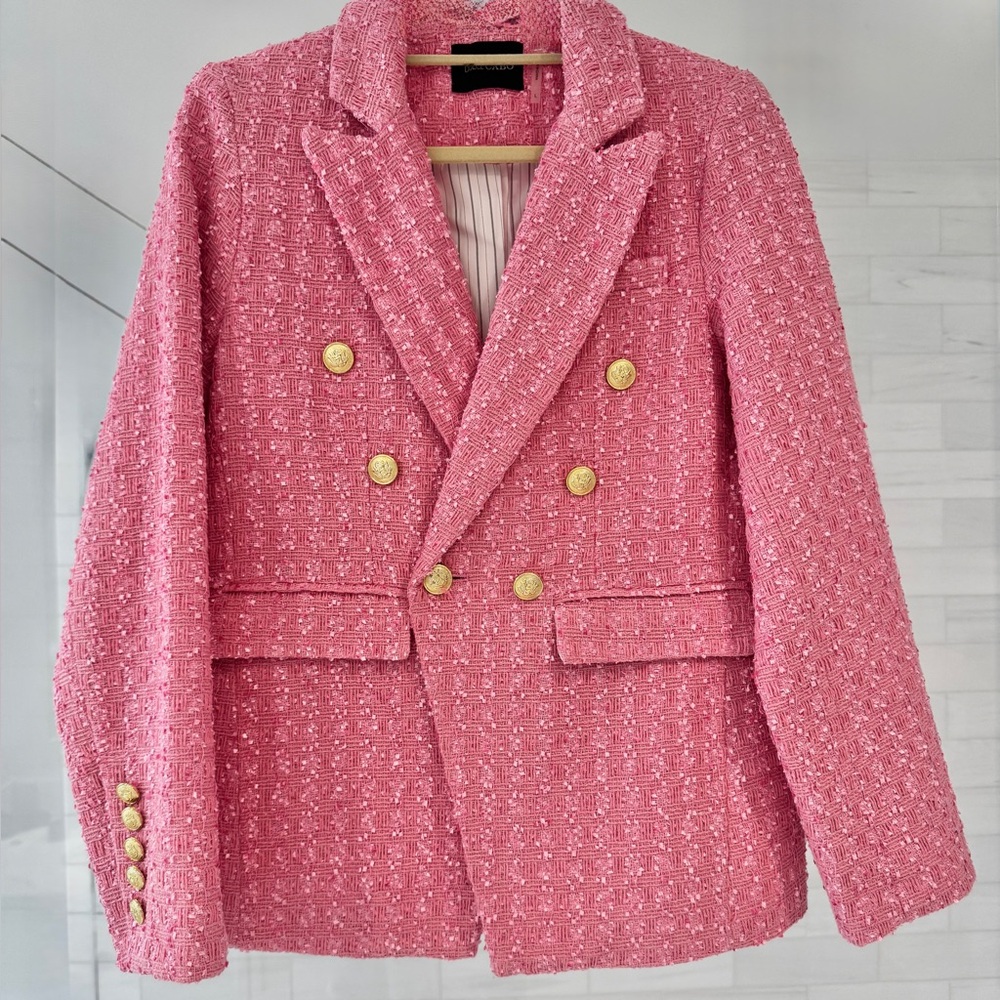 Pink Tweed Double-Breasted Blazer with Gold Buttons